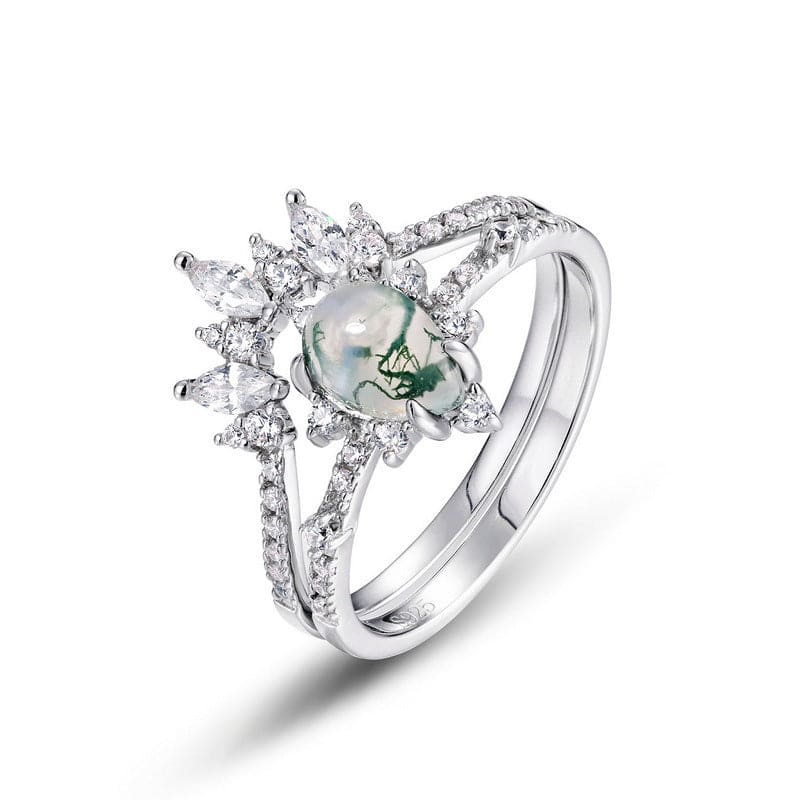Ensemble Bague Argent S925, Agate Mousse, Diamant Marquise, Coupe Kite Givrée