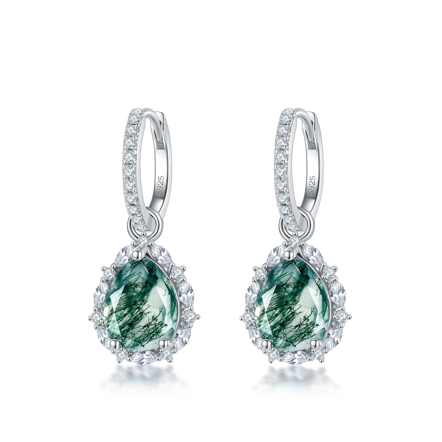 Boucles d'oreilles dormeuses Agate Mousse naturelle Halo Goutte - Argent Sterling S925