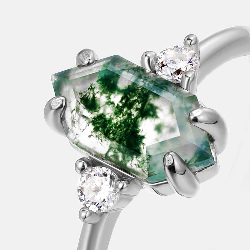 Trio Élégant de Pierres Précieuses Bague Agate Mousse Naturelle - Argent Sterling S925