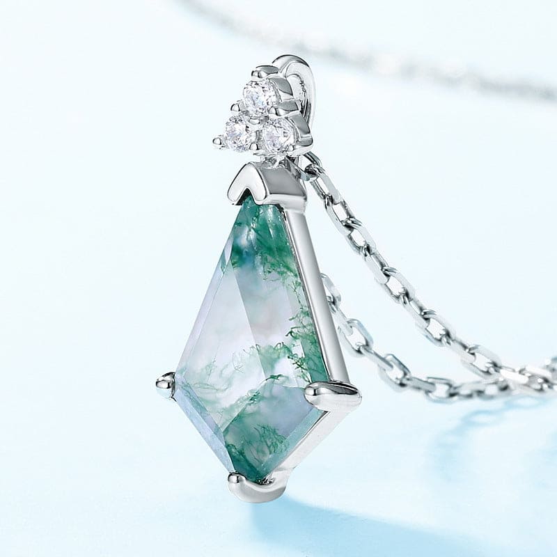 Collier Pointe Agate Mousse Naturelle Taille Trillion - Argent Sterling S925