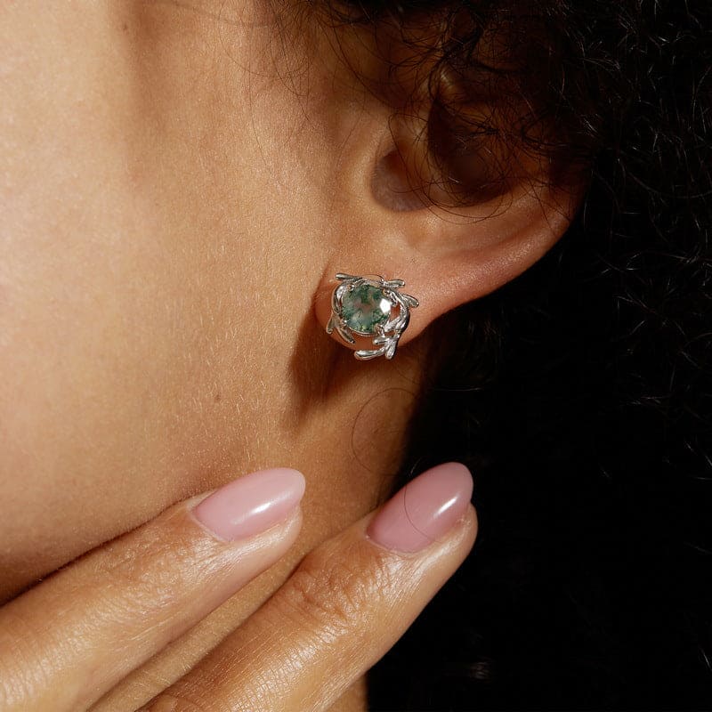Boucles d'oreilles à puces Agate Mousse Naturelle Enroulées de Vigne - Argent Sterling S925