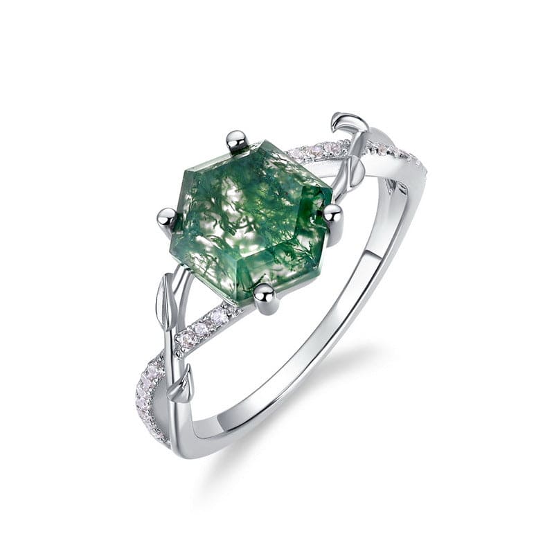 Bague hexagonale en agate mousse naturelle avec détail diamant - Argent Sterling S925