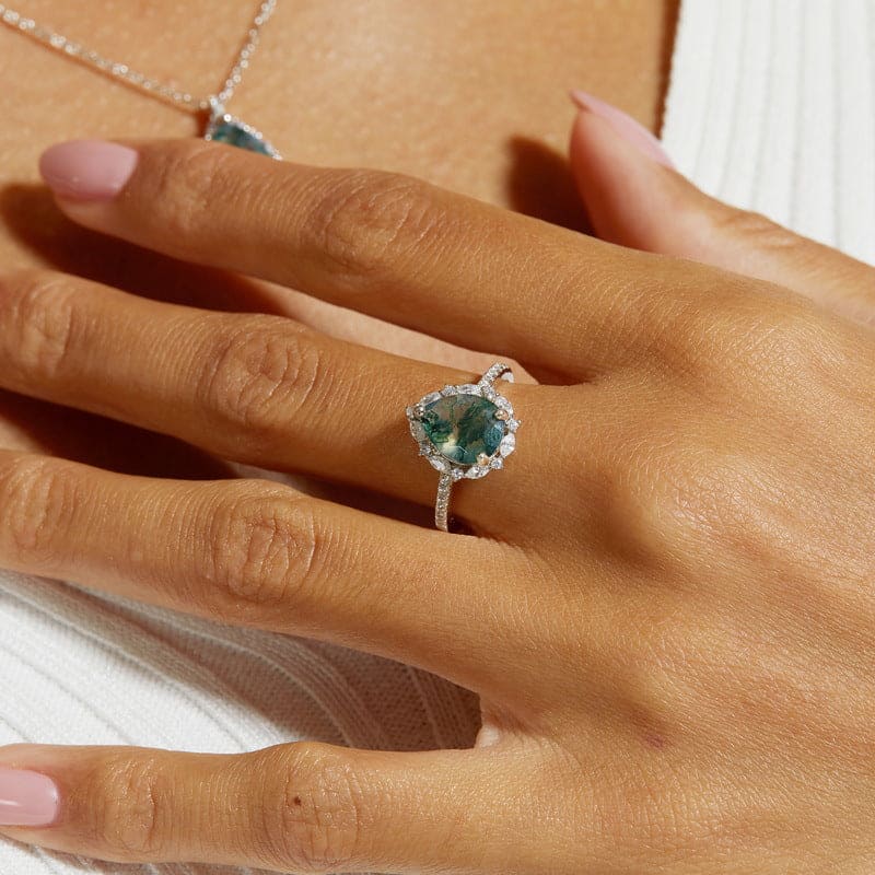 Bague Halo Diamants Agate Mousse Naturelle Taille Marquise - Argent Sterling S925