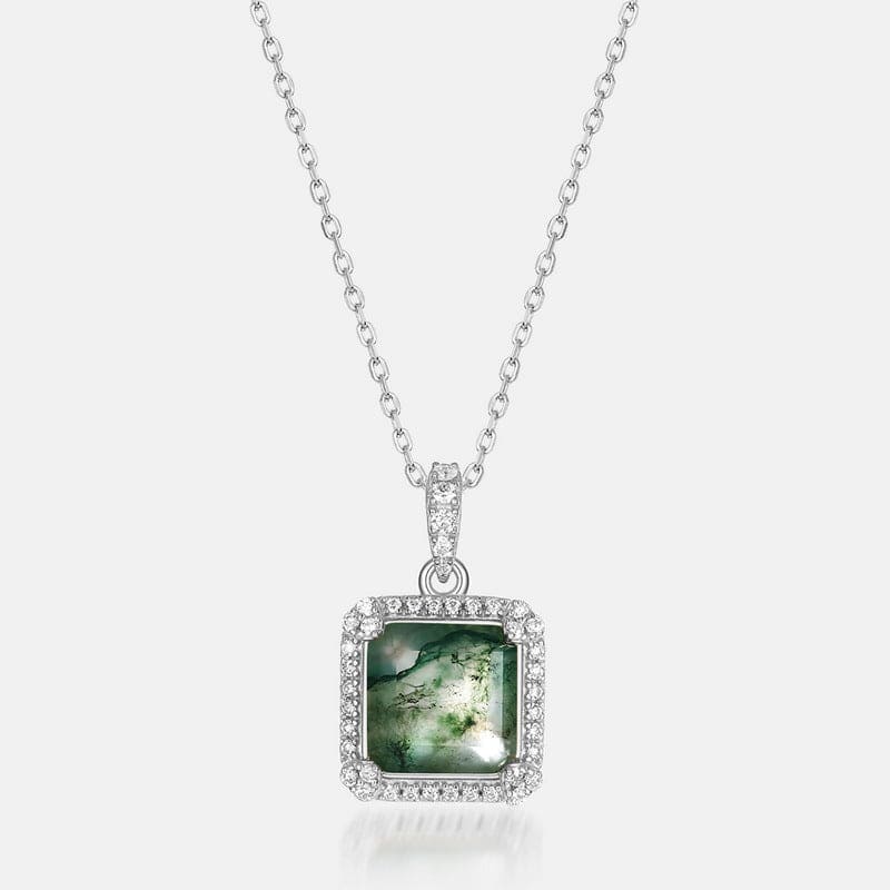 Collier Pendentif Halo Agate Mousse Naturelle Coupe Carrée - Argent Sterling S925