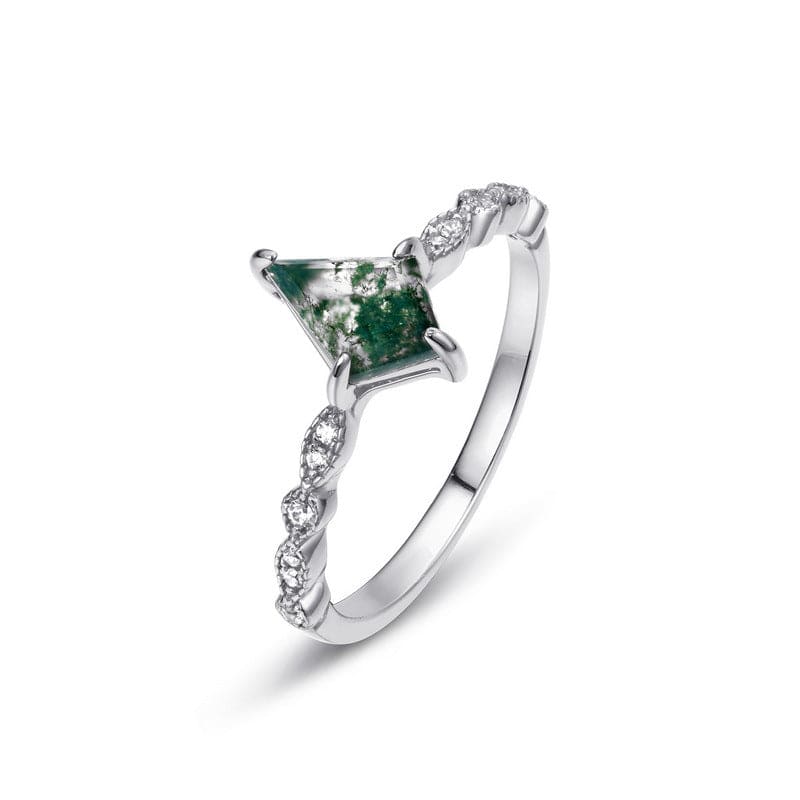 Bague Kite Cut en Agate Mousse Naturelle et Diamants Torsadés - Argent Sterling S925