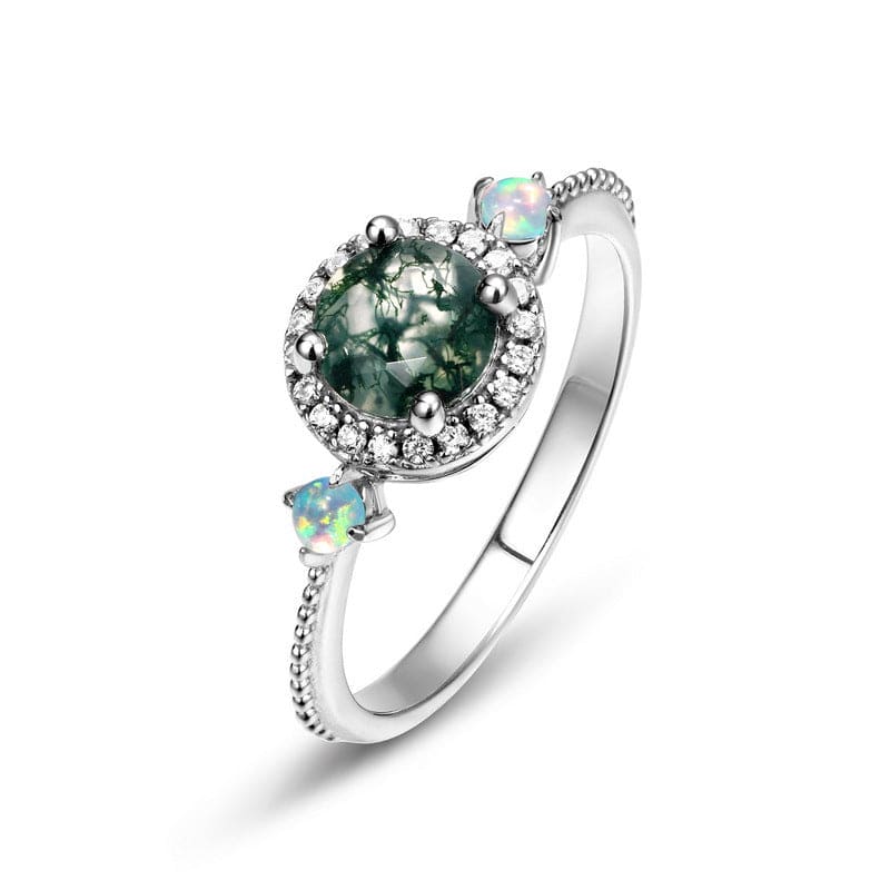 Halo Bague Ronde Agate Mousse Naturelle Opalescente - Argent Sterling S925