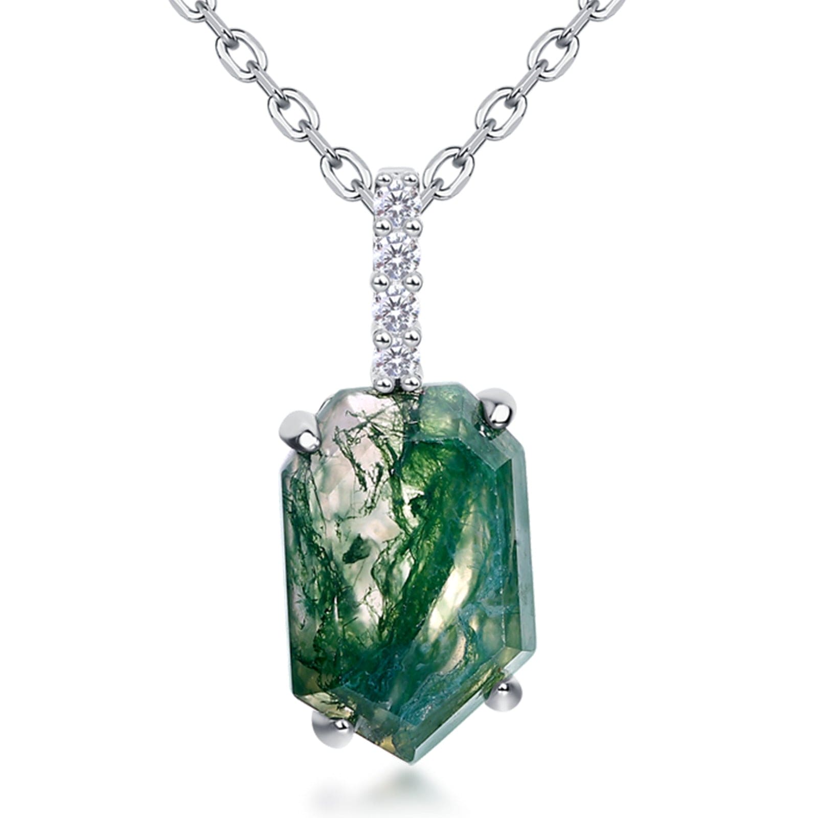 Collier Pendentif Colonne Agate Mousse Naturelle Coupe Cercueil - Argent Sterling S925
