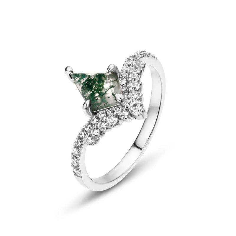 Bague Argent S925, Agate Mousse, Coupe Cerf-Volant Naturelle, Diamants Tourbillonnants