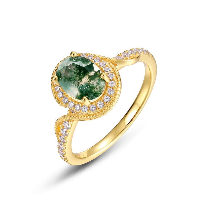 Halo Ovale Agate Mousse Naturelle Pavée Or - Bague en Argent Sterling S925