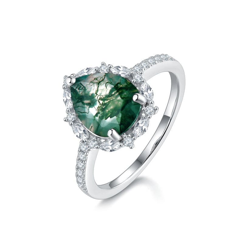 Bague Halo Diamants Agate Mousse Naturelle Taille Marquise - Argent Sterling S925