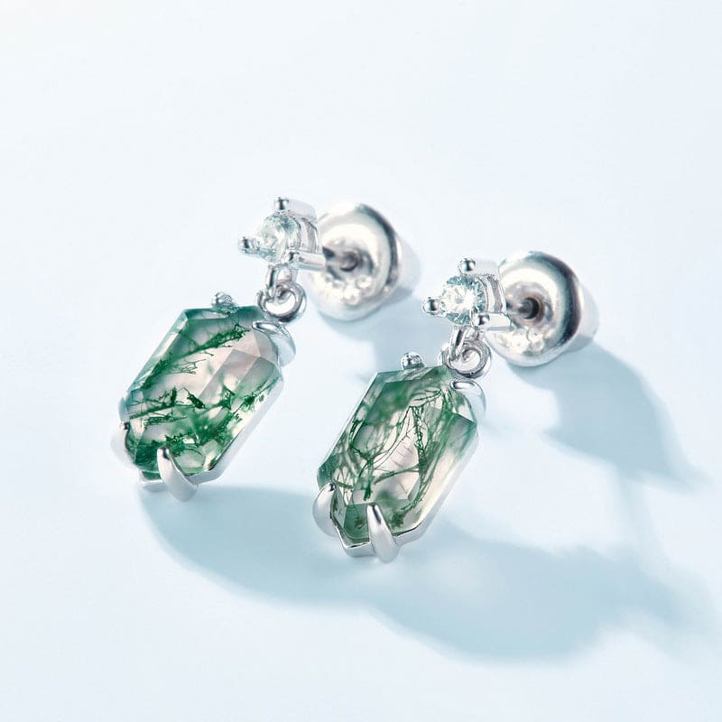 Boucles d'oreilles pendantes Agate Mousse Naturelle Coupe Tonneau - Argent Sterling S925