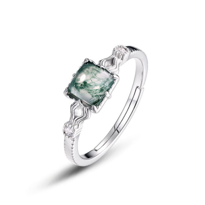 Bague ondulée avec Agate Mousse naturelle taille coussin - Argent Sterling S925