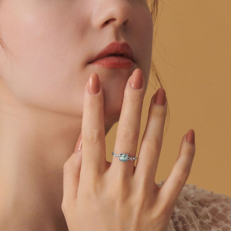 Bague ondulée avec Agate Mousse naturelle taille coussin - Argent Sterling S925