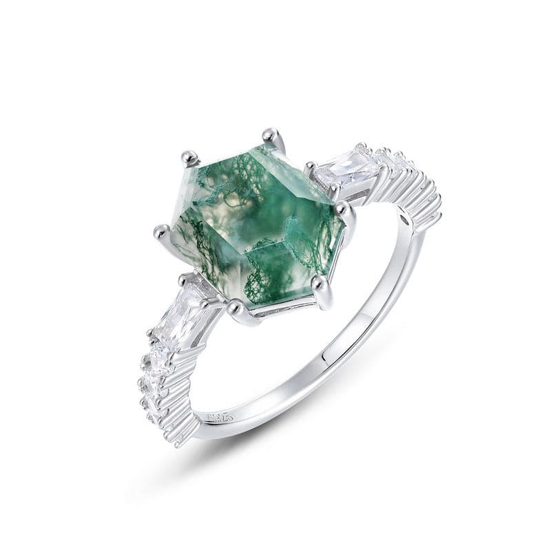 Bague accentuée baguette en agate mousse naturelle hexagonale - Argent Sterling S925