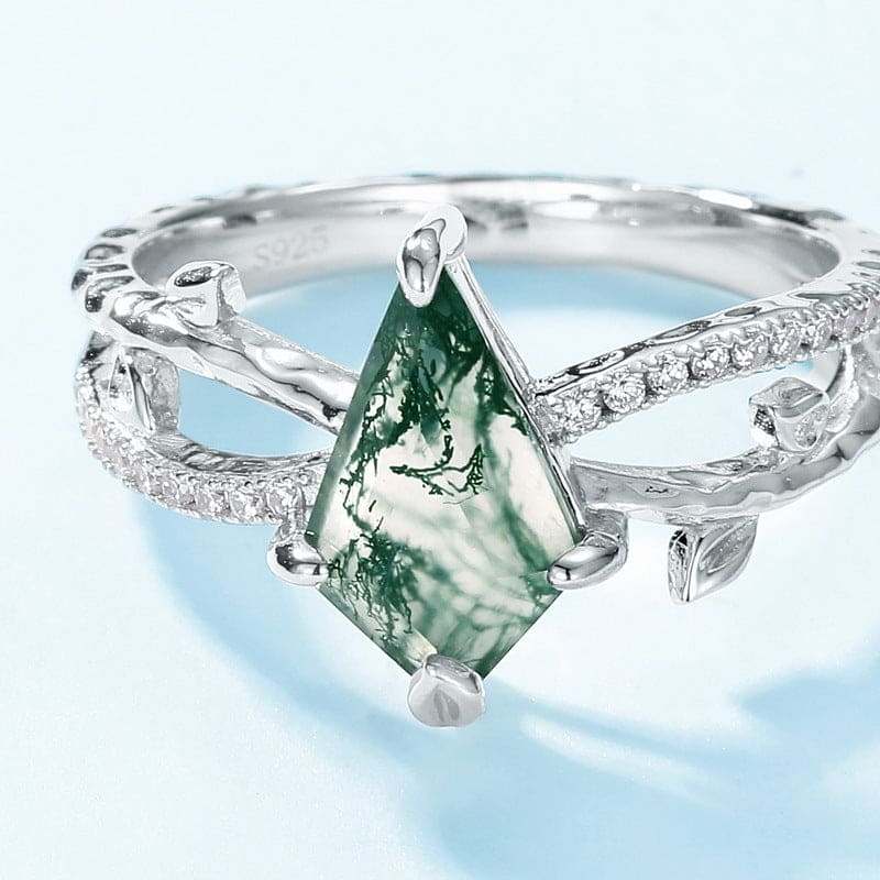 Bague Kite Cut Agate Mousse Naturelle Diamant - Argent Sterling S925
