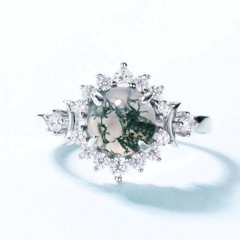 Bague florale halo en agate mousse naturelle ronde - Argent Sterling S925