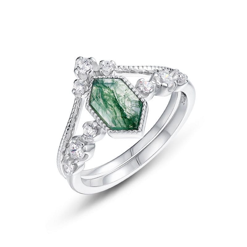Bague Duo Agate Mousse Taille Cerf-Volant Sérénité & Diamant - Argent Sterling S925