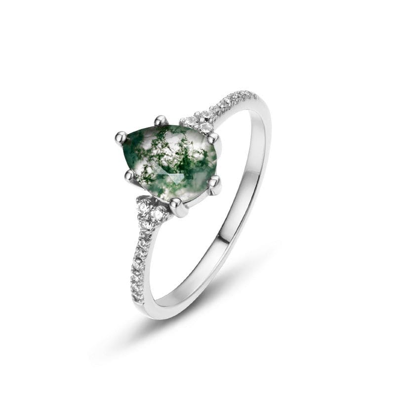Bague solitaire ovale en agate mousse naturelle et diamants - Argent Sterling S925