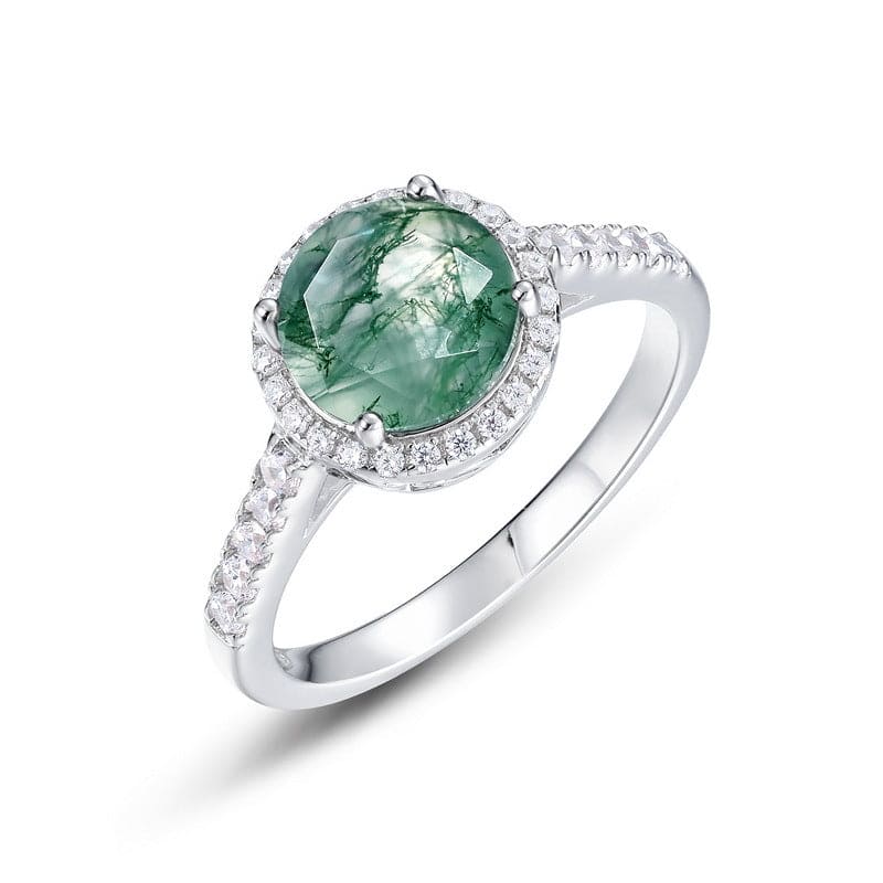 Bague ovale en agate mousse naturelle et diamants - Argent Sterling S925