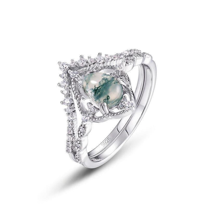 Ensemble de bagues ovales en agate naturelle incrustées de diamants - Argent Sterling S925