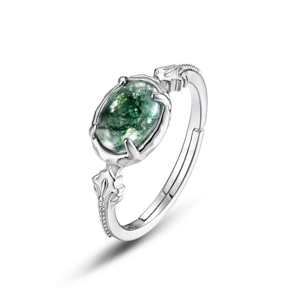 Bague ovale en agate mousse naturelle gravée feuille - Argent Sterling S925