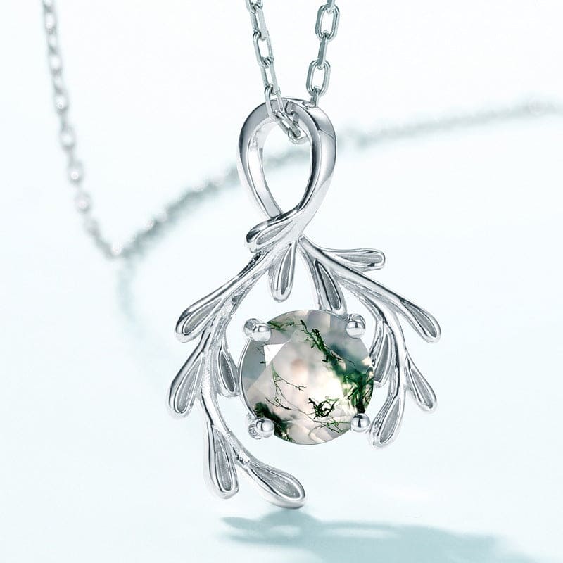 Collier Pendentif Agate Mousse Naturelle Étreinte Botanique - Argent Sterling S925