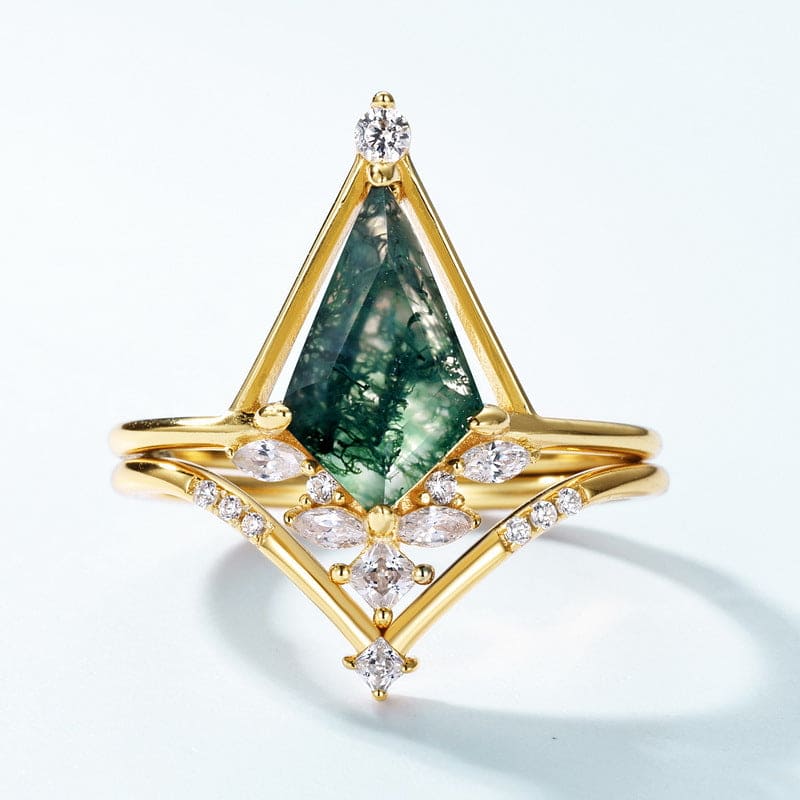 Ensemble Bague Pyramide Agate Mousse Triangulaire Accent Diamant - Argent Sterling S925