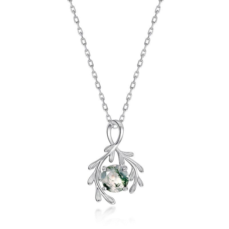 Collier Pendentif Agate Mousse Naturelle Étreinte Botanique - Argent Sterling S925