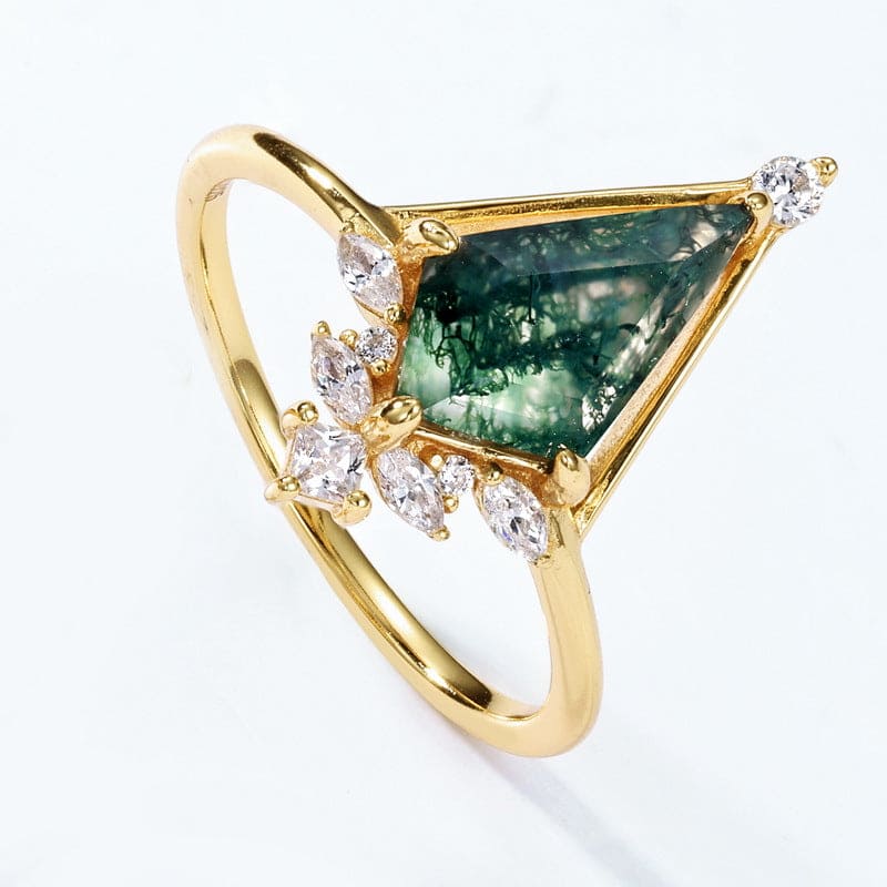 Ensemble Bague Pyramide Agate Mousse Triangulaire Accent Diamant - Argent Sterling S925