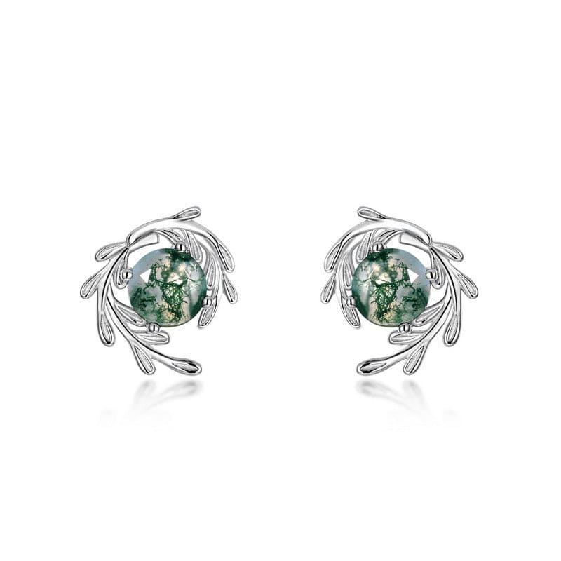 À Ma Magnifique Épouse | Boucles d'Oreilles Agate Mousse Feuille - Argent Sterling S925
