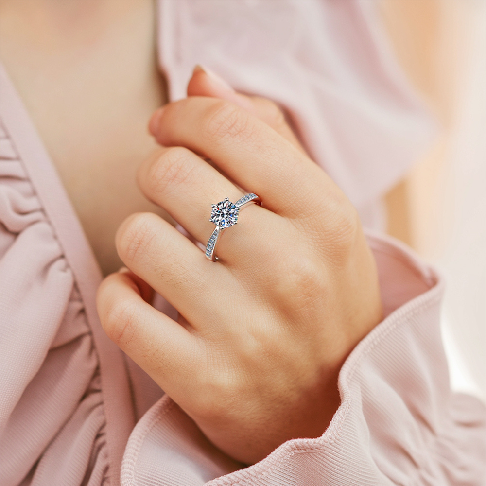 Bague Moissanite 1CT, Ronde, 6 Griffes