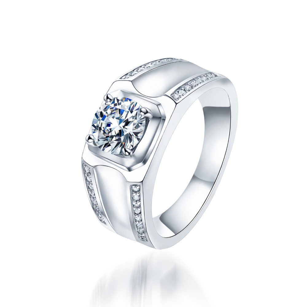 Bague Moissanite pour homme, taille ronde 1CT avec accents