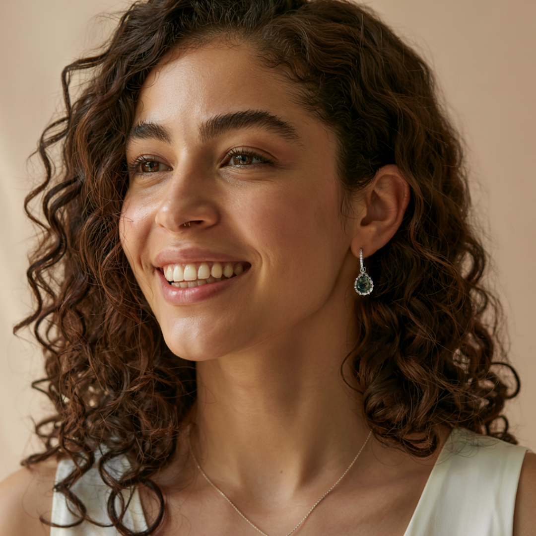 Boucles d'oreilles dormeuses Agate Mousse naturelle Halo Goutte - Argent Sterling S925