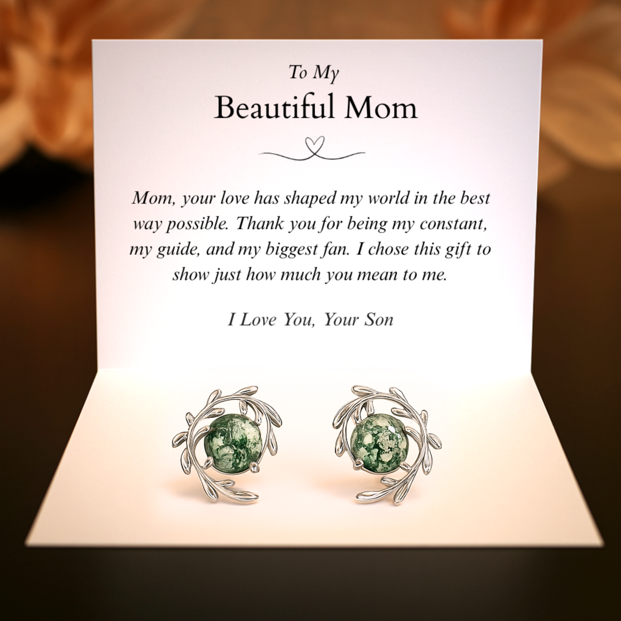 À ma merveilleuse maman, de son fils | Boucles d'oreilles en agate mousse feuille - S925