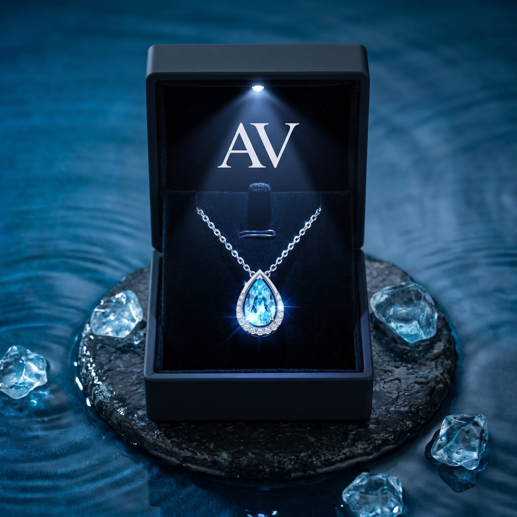 Pear cut aquamarine necklace in 18K white gold displayed in a lighted black AV branded jewelry gift box.