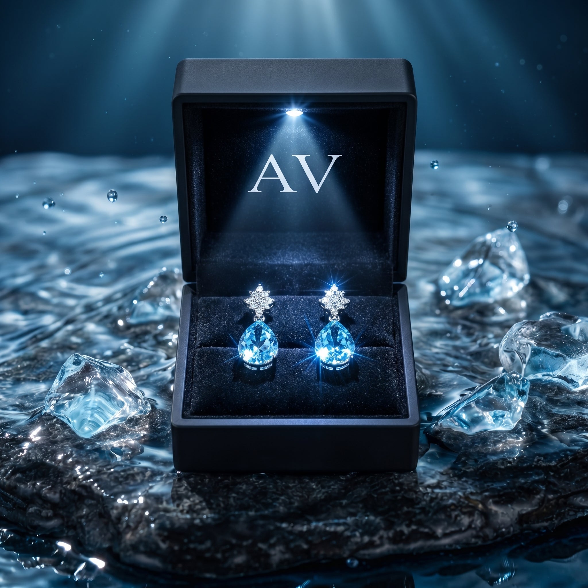 Pear cut aquamarine drop earrings in platinum presented in a lighted black jewelry box with AV branding.