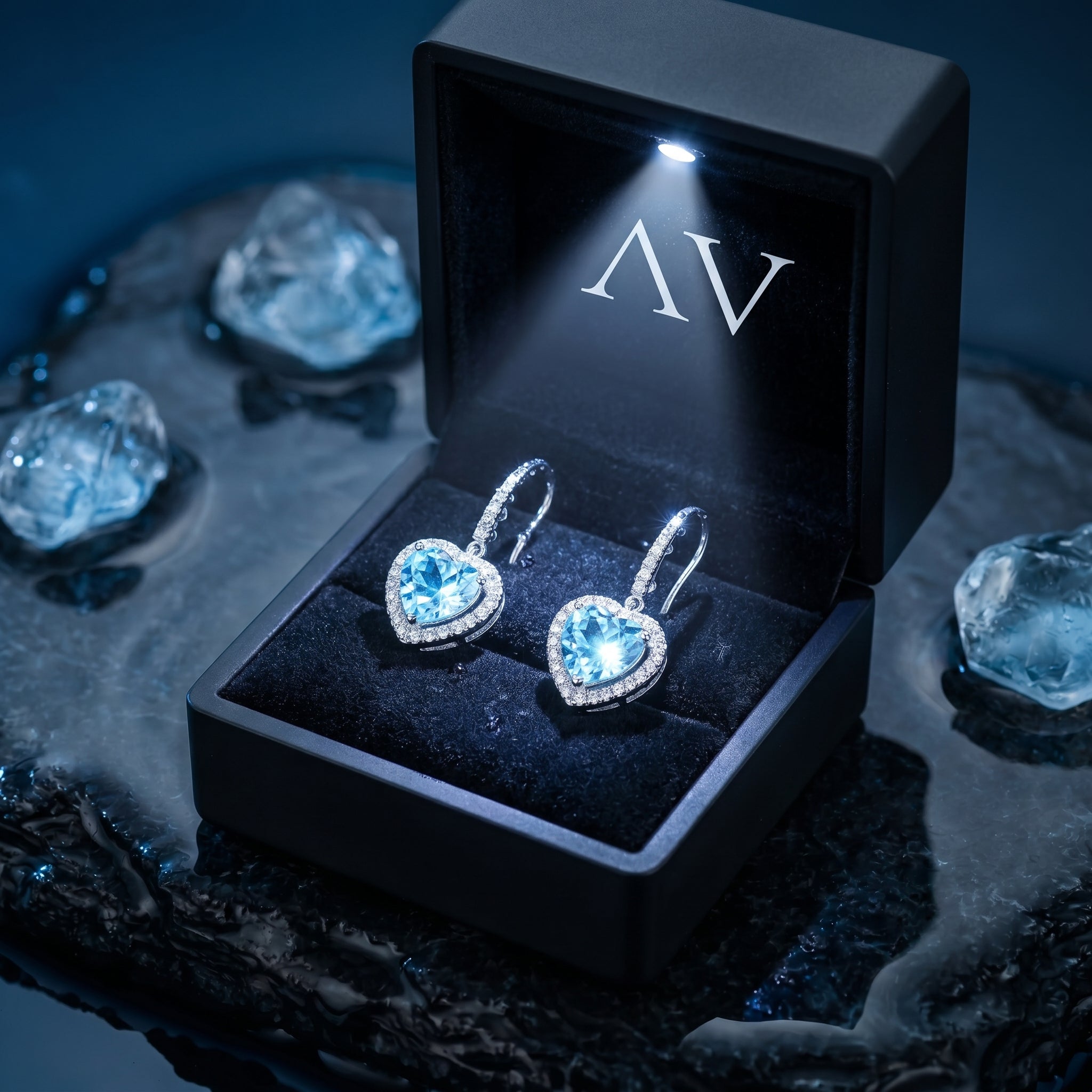Platinum heart-cut aquamarine drop earrings in a black LED-lighted presentation box.
