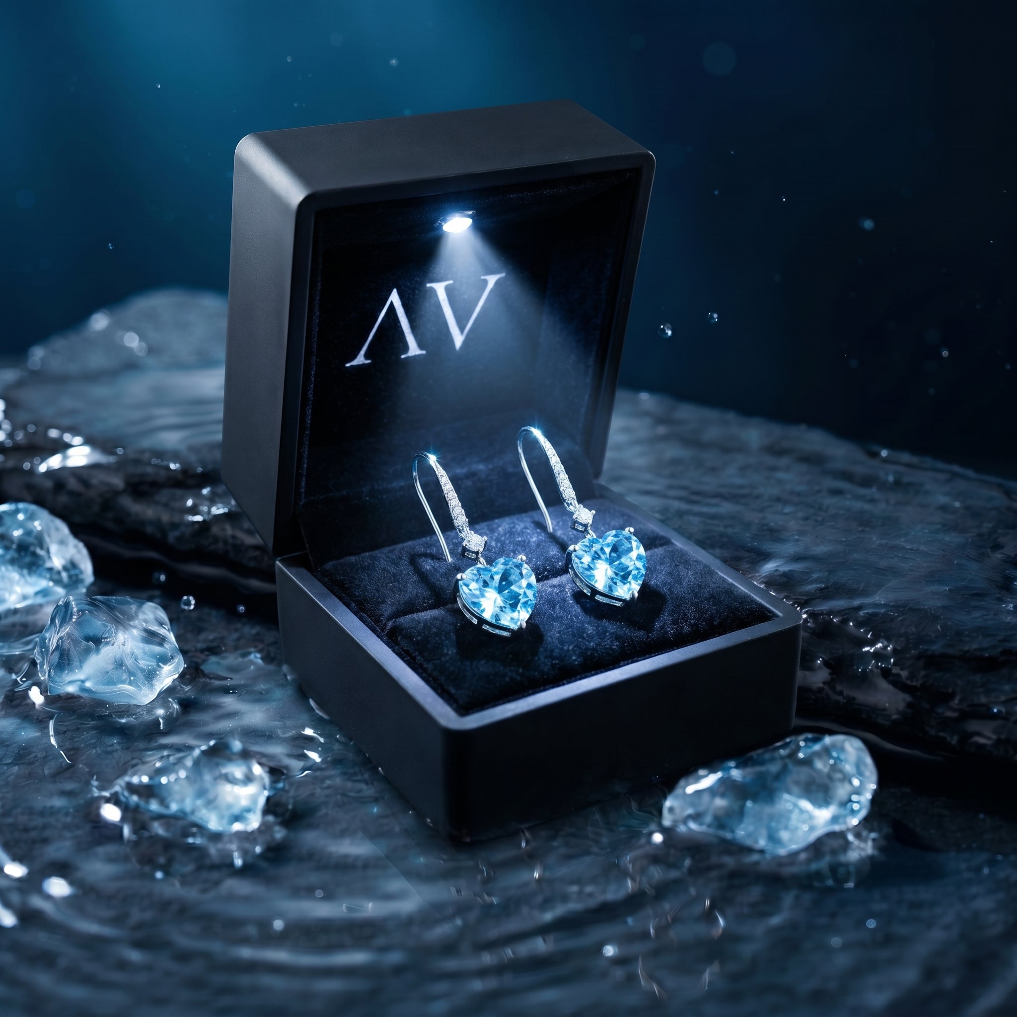 Heart cut aquamarine drop earrings with diamond accents in a lighted black jewelry box on a wet stone.