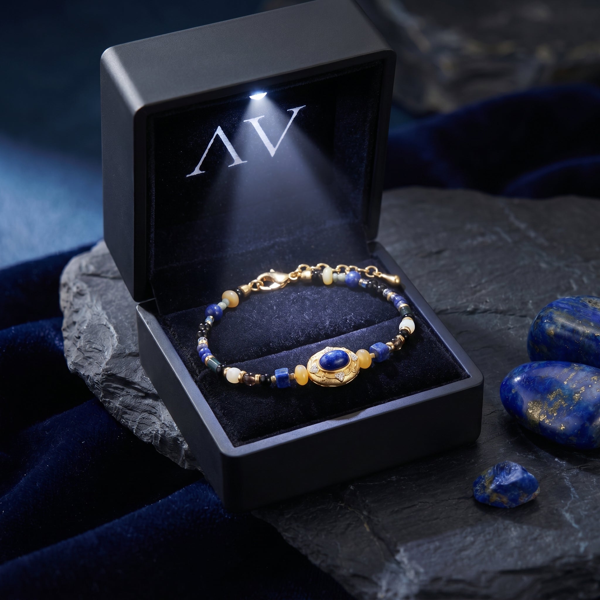 Gold-plated lapis lazuli bead bracelet presented in a black illuminated gift box with an LED light.
