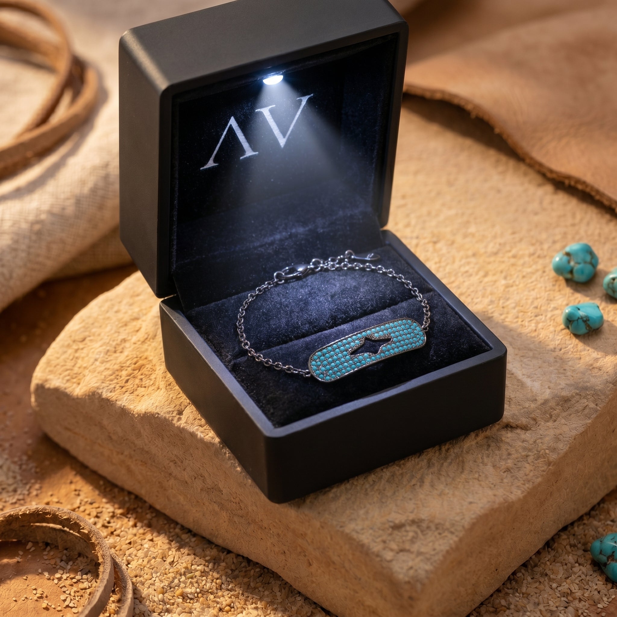 The Estrella turquoise bracelet in a premium black lighted gift box, showcasing the S925 sterling silver design.