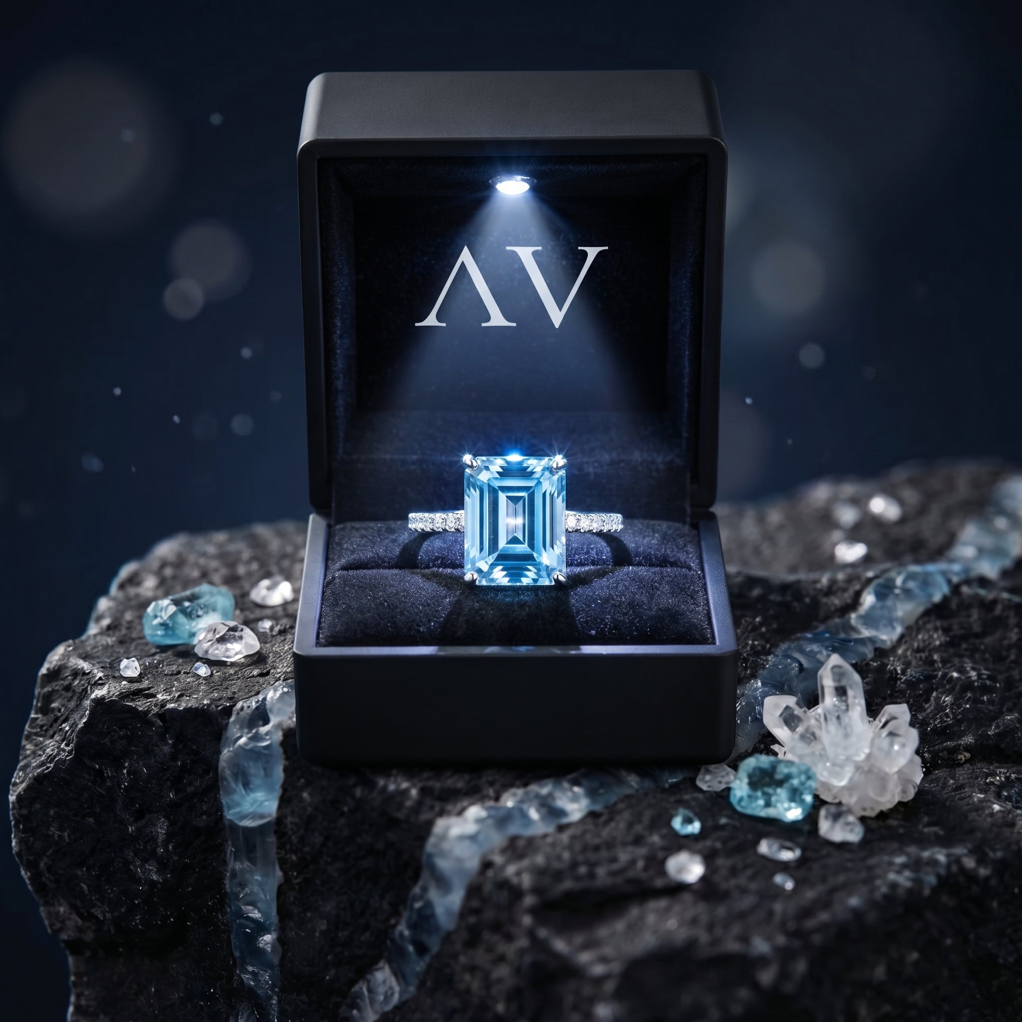 Emerald cut blue topaz sterling silver ring inside a black LED-lit jewelry box on a dark rocky surface.