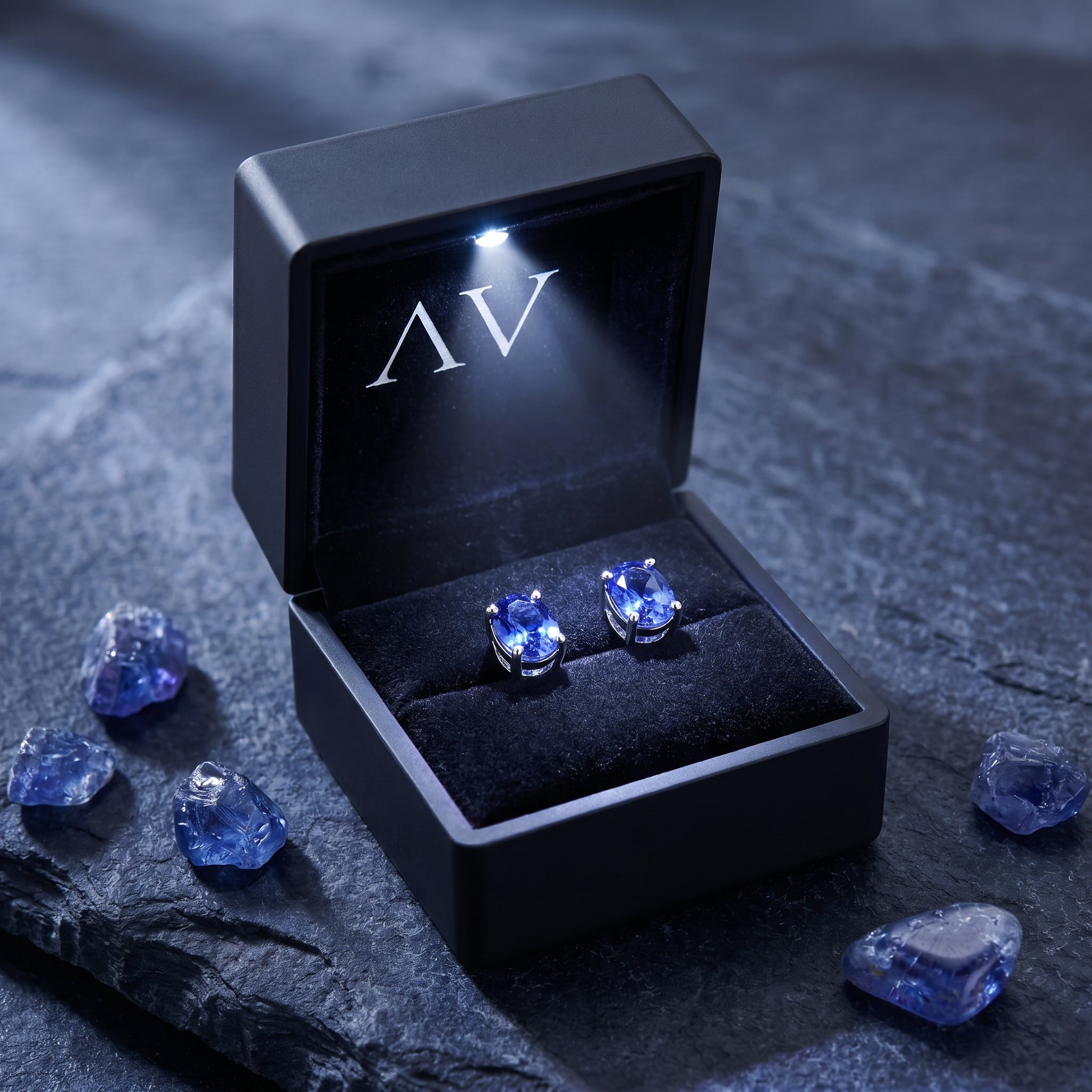 Oval natural tanzanite stud earrings in 18K white gold inside a lighted black jewelry presentation box.