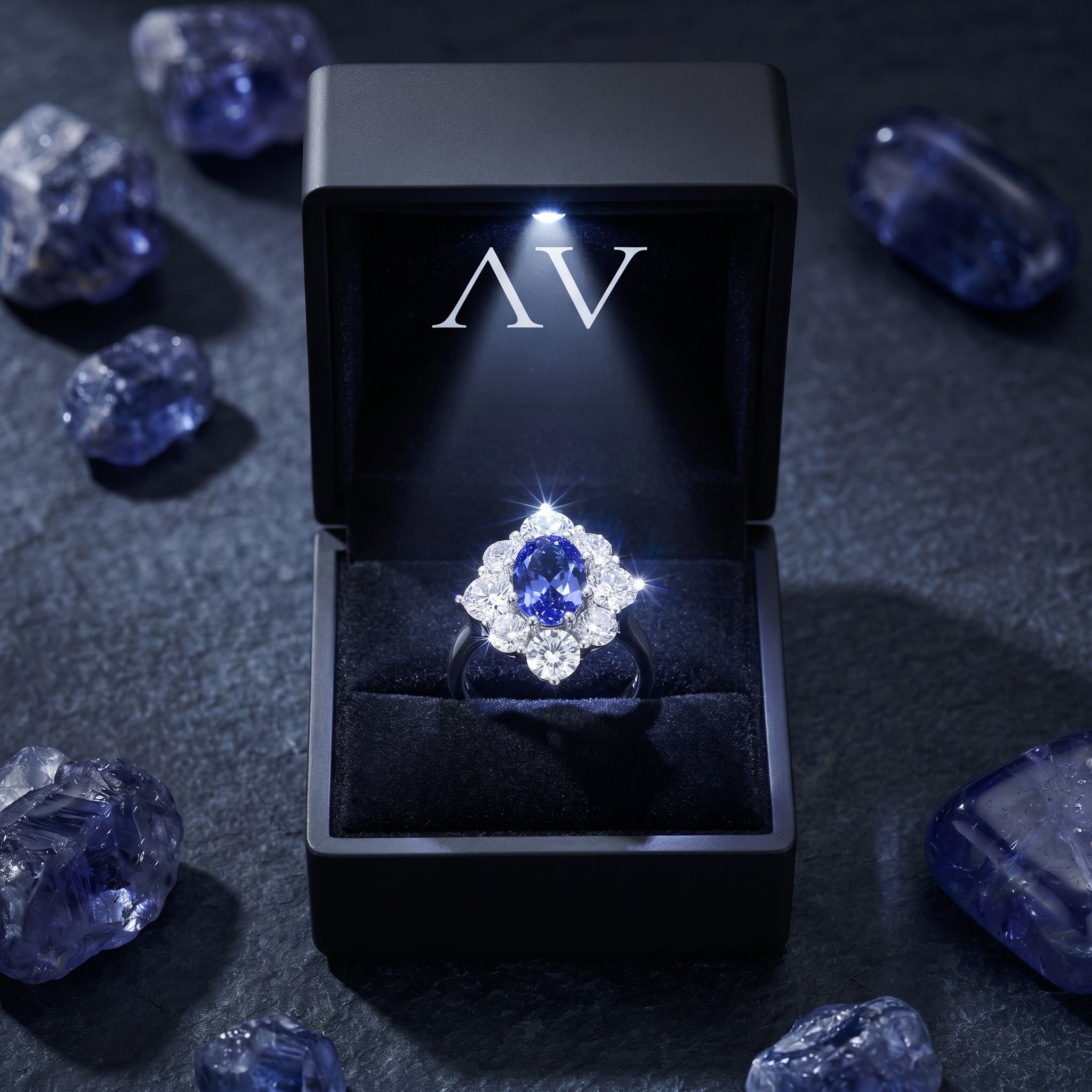 Silver Lirienne tanzanite ring in a lighted black gift box, surrounded by raw blue gemstones.