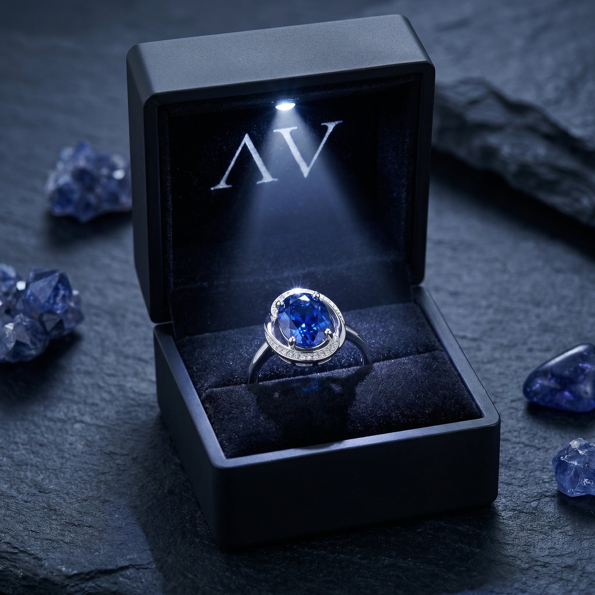 Oval tanzanite ring in 18K white gold presented in a lighted black jewelry box on a dark stone surface.