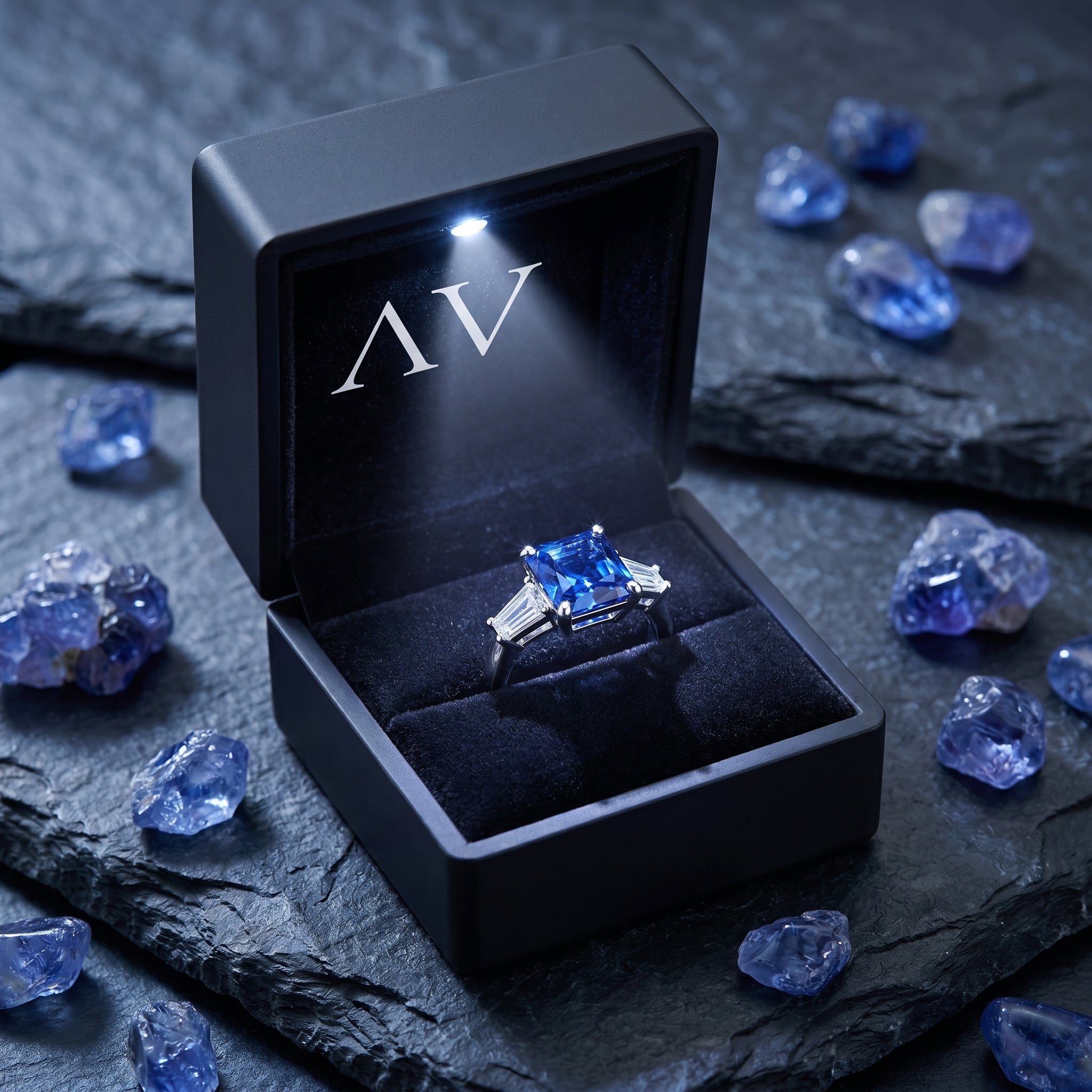 Princess-cut tanzanite ring presented in a black lighted jewelry box surrounded by raw blue stones.