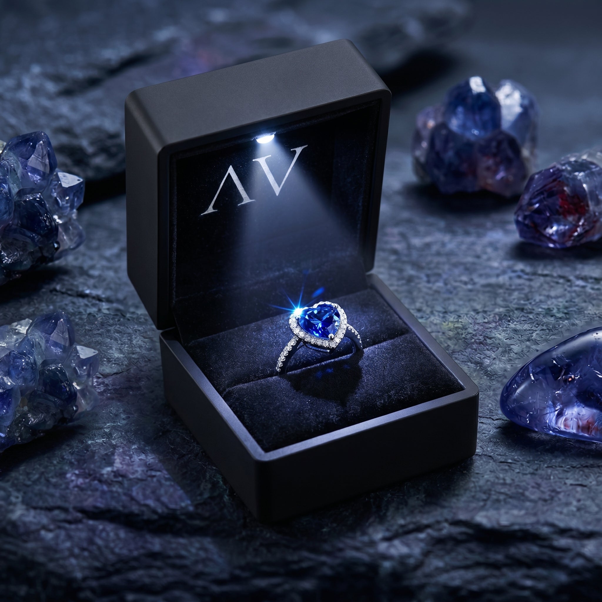Heart-shaped tanzanite halo ring in silver, displayed in a black LED-lit jewelry presentation box.