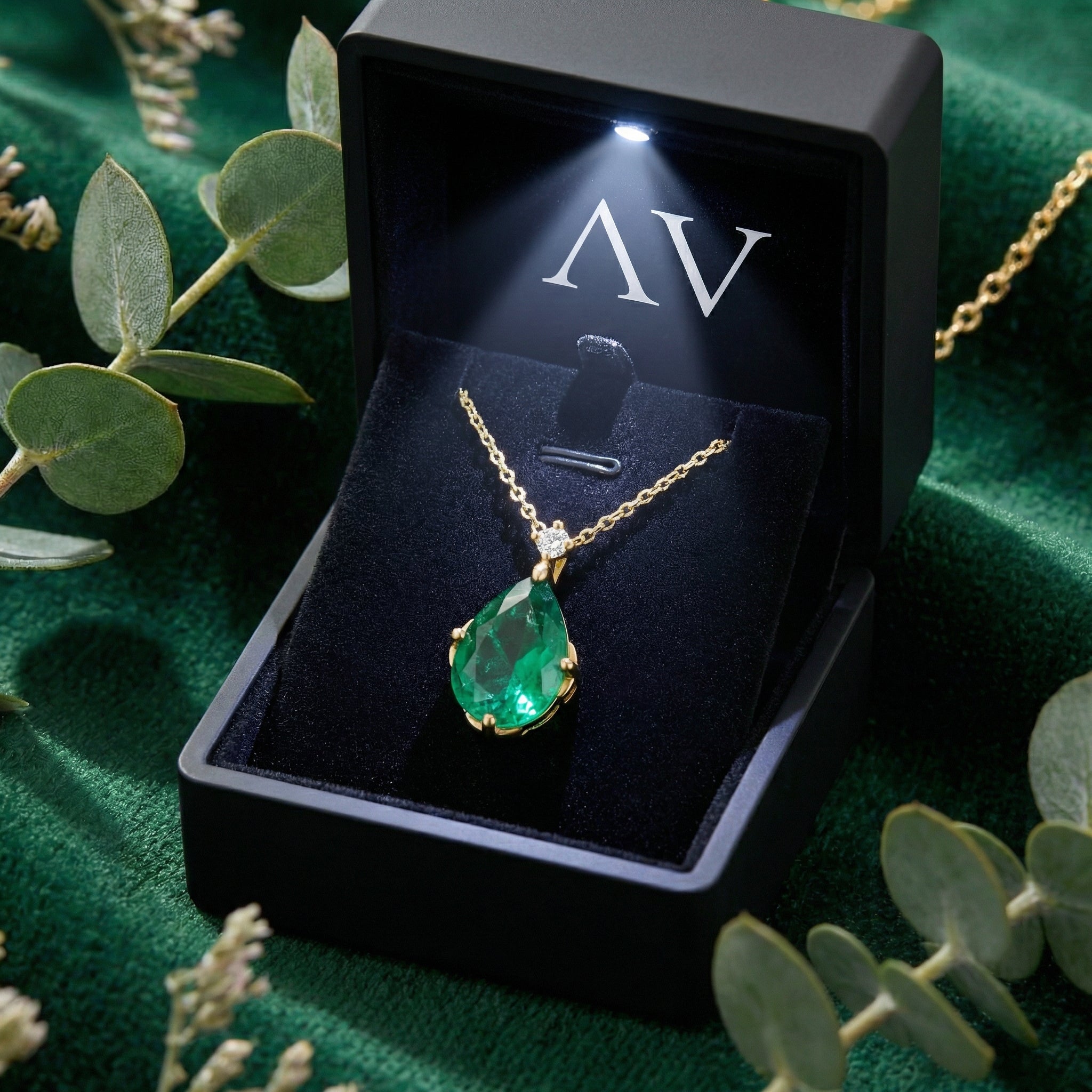 Angled view of the gold pear cut simulated emerald necklace in a lighted black gift box.