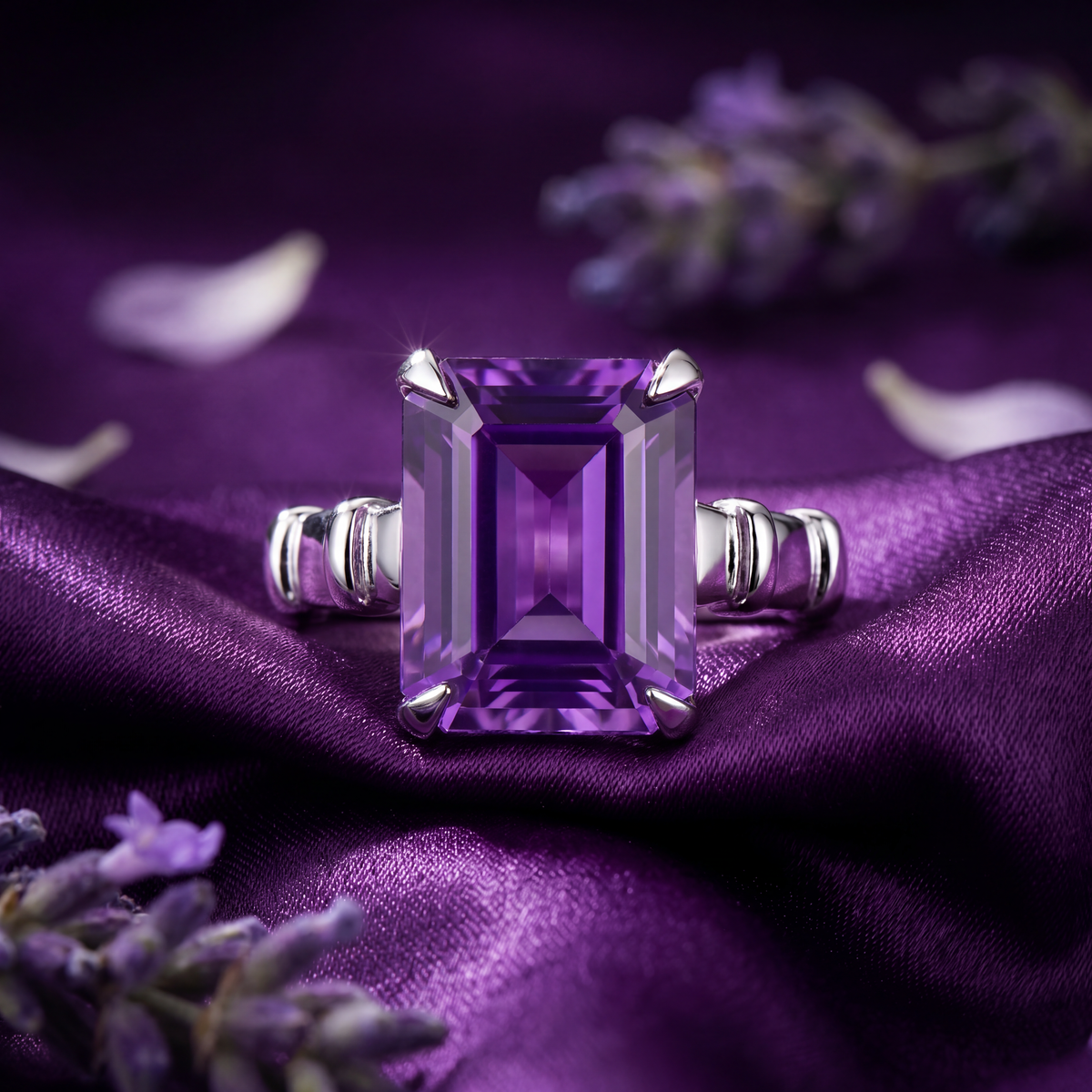 Close-up of an emerald-cut violet amethyst and four-prong polished white-metal ring setting.