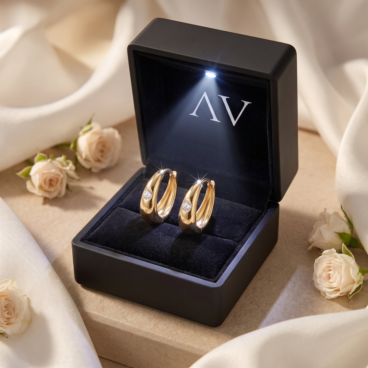 Gold moissanite hoop earrings with round-cut stones inside an LED-lit gift box.