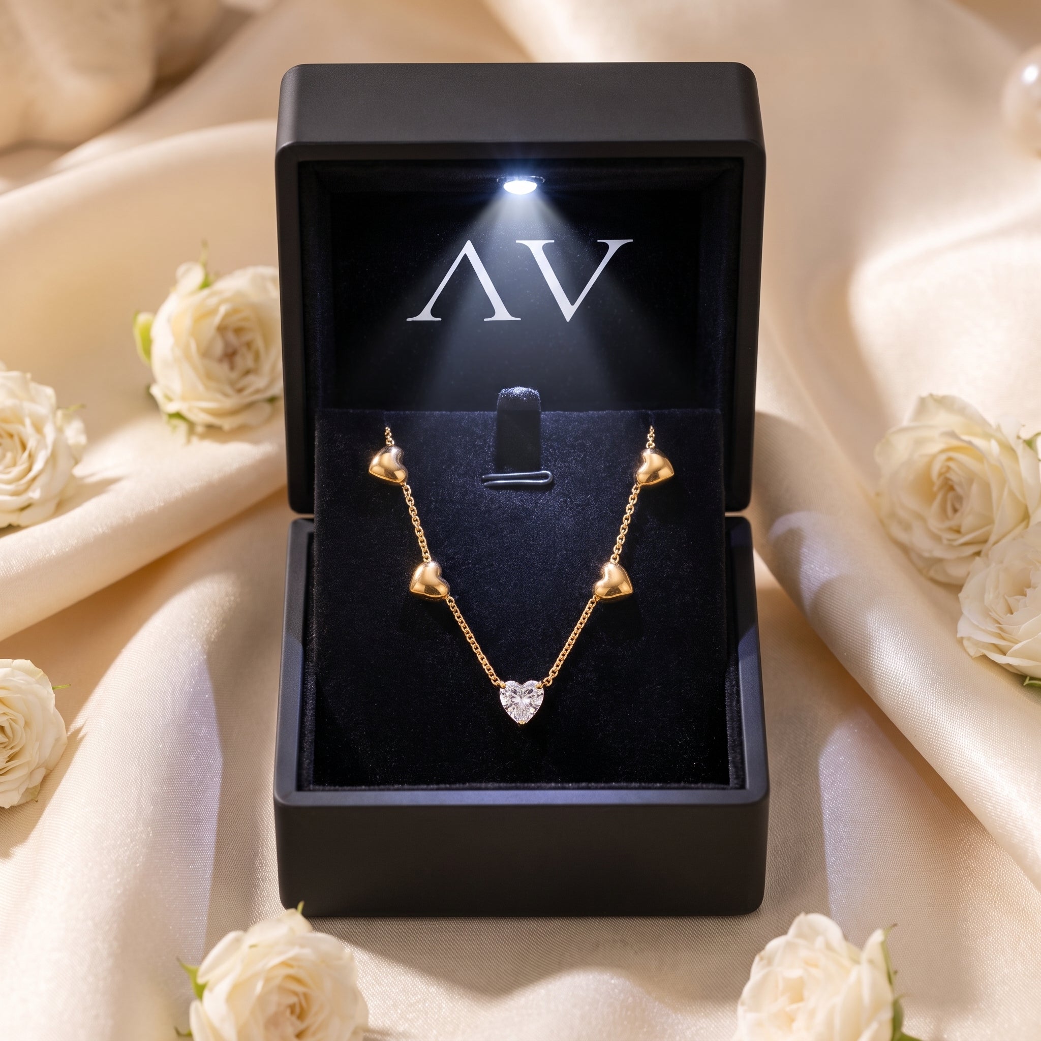 18K gold heart necklace with a heart-cut simulated diamond in a black LED-lit AV branded gift box.
